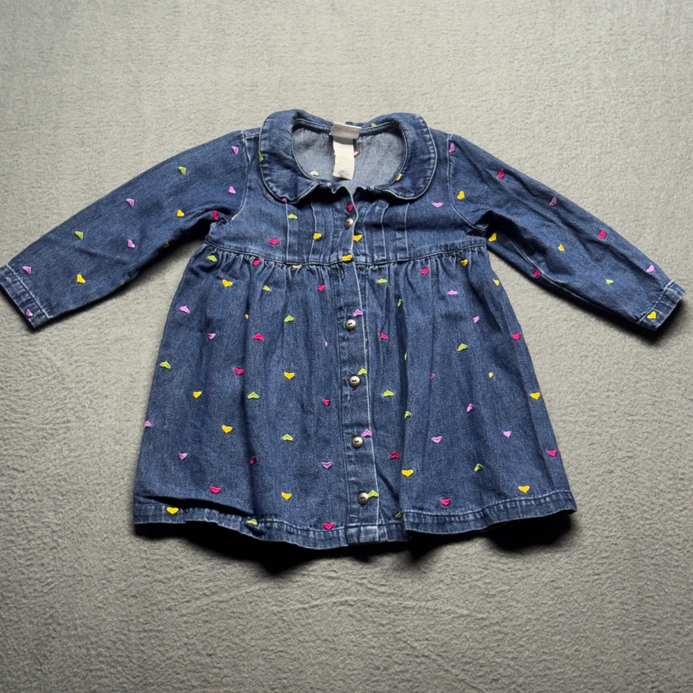 Carter's Toddler Girls 4T Blue Denim Heart Embroidered Button Front Dress